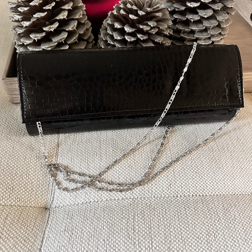Black‎ Crocodile Embossed Clutch Faux Leather Evening Bag